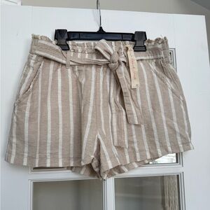 Striped Beige Women's Linen Beachy Shorts, New Size Medium